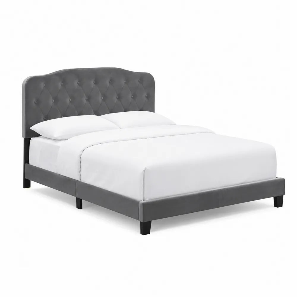 Gepolstertes graues Velours-Doppelbett mit Massivholzrahmen 160x200 cm