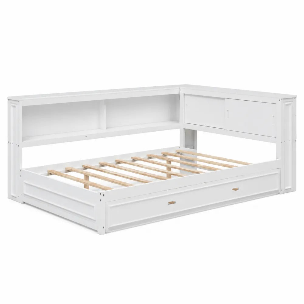 Eckbett Wei? Massivholz mit Schubladen 200x90 cm