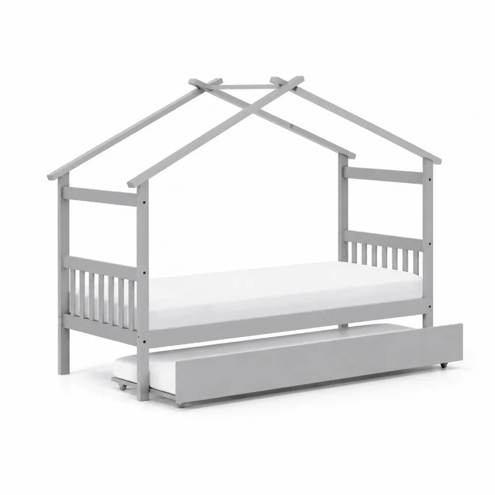 Kinderhausbett mit Ausziehbett Kiefer Grau 200x90 cm