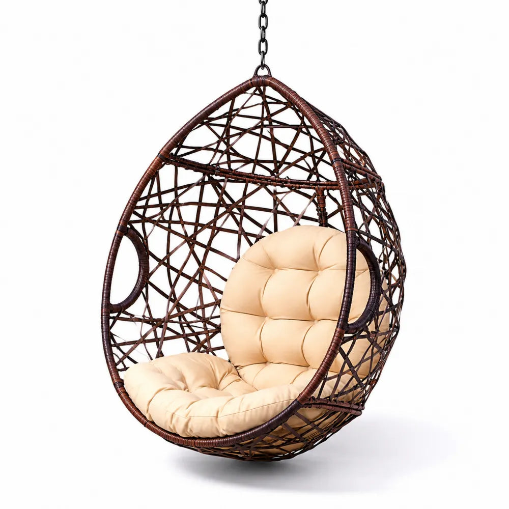 H?ngesessel Polyrattan Braun mit Polyesterkissen Beige