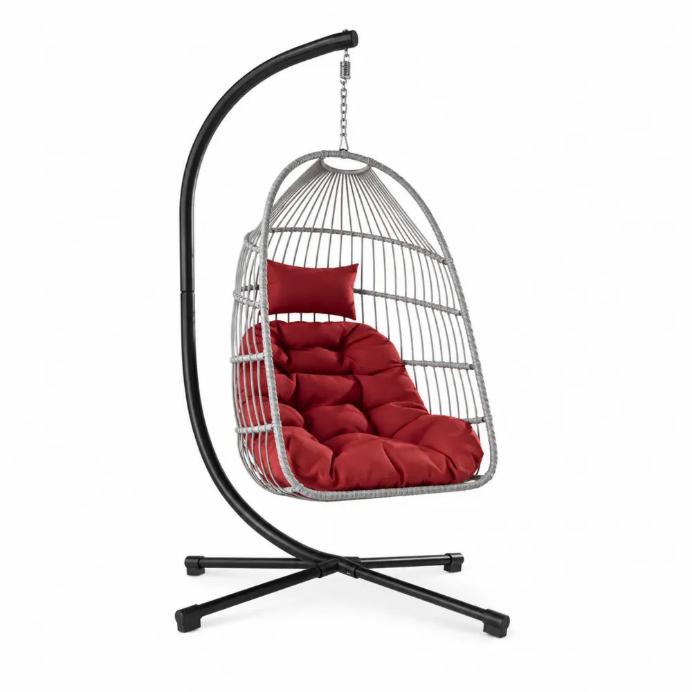 H?ngesessel aus Polyrattan mit Rotem Bezug, Stahlrahmen, 195 cm