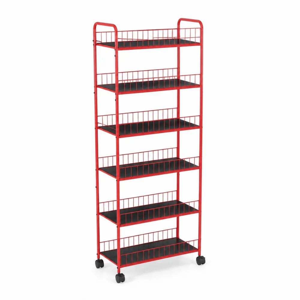 Metallregal mit 6 Ebenen, Rot/Schwarz, mit Rollen
